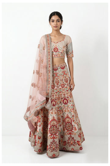 Blush Beige Floral Embroidered Lehenga Choli With Net Dupatta