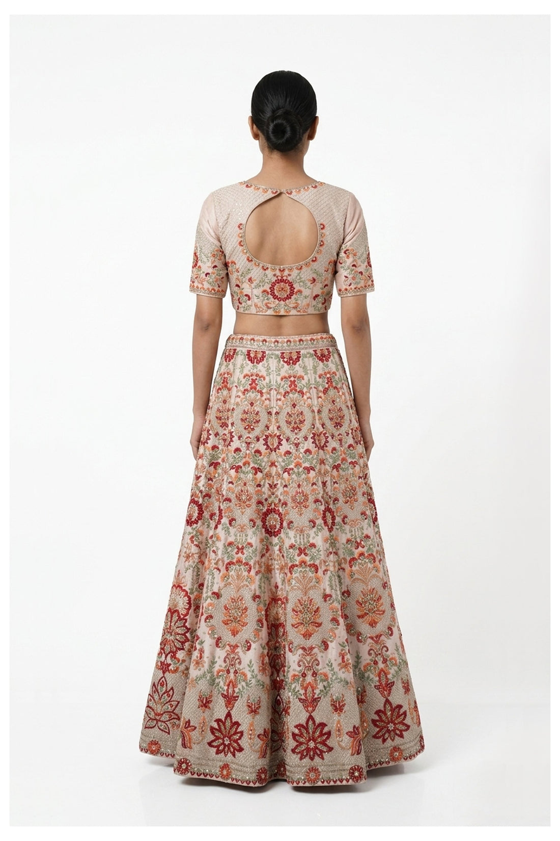 Blush Beige Floral Embroidered Lehenga Choli With Net Dupatta