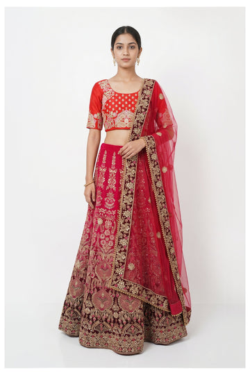 Rani Pink Embroidered Lehenga Choli With Net Dupatta
