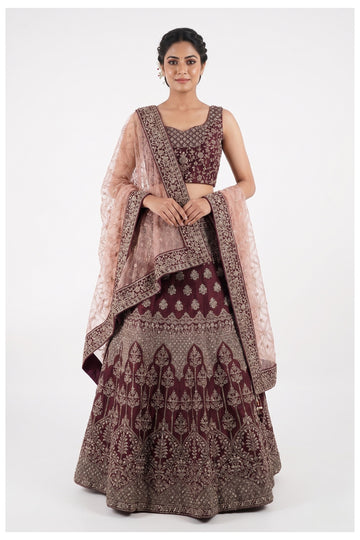 Wine Embroidered Designer Lehenga Choli With Net Dupatta