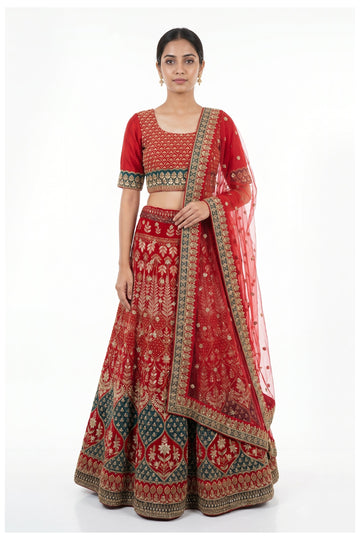 Red Zari Embroidered Bridal Lehenga Choli With Net Dupatta