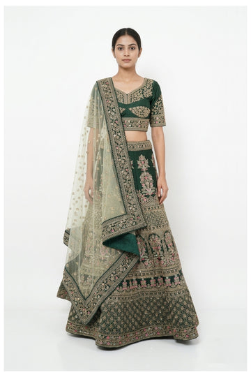 Emerald Green Embroidered Bridal Lehenga Choli With Net Dupatta