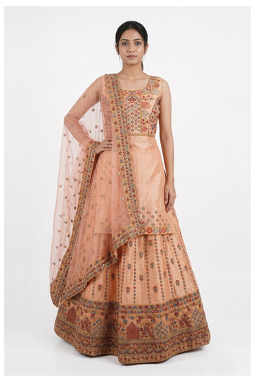 Peach Embroidered Designer Lehenga Choli With Net Dupatta