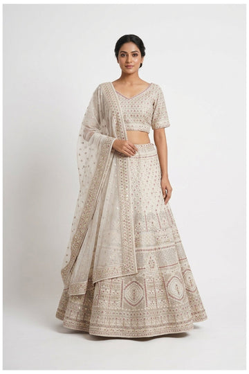 Ivory Beige Embroidered Lehenga Choli With Net Dupatta