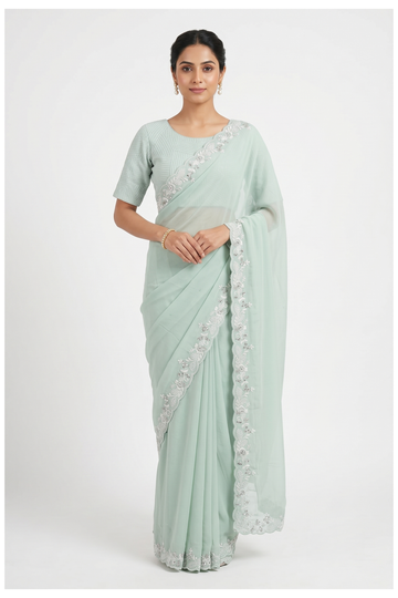 Mint Green Banarasi Silk Georgette Wedding Party Wear Saree