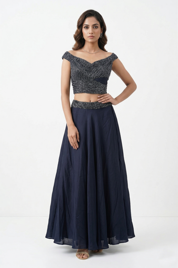 Midnight Blue Shimmer Crop Top Lehenga Set