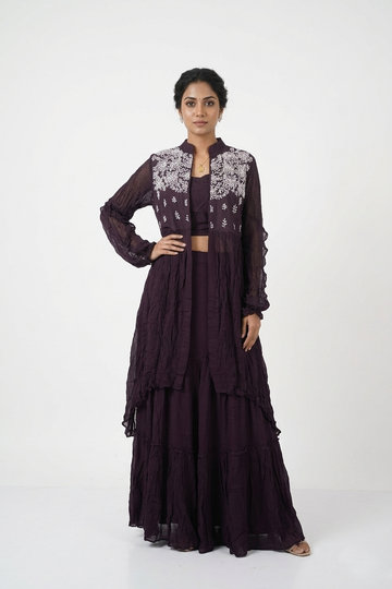 Wine Purple Layered Skirt Co-Ord Set With Embroidered Jacket