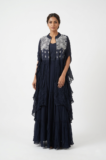 Midnight Blue Embroidered Lehenga Set With Statement Shrug Jacket
