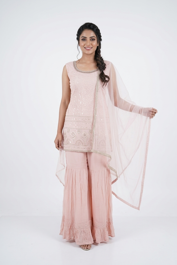 Blush Pink Embroidered Kurta Sharara Set With Dupatta
