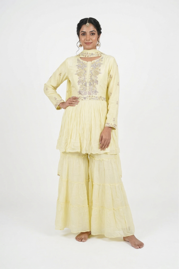 Butter Yellow Embroidered Kurta Set With Sharara
