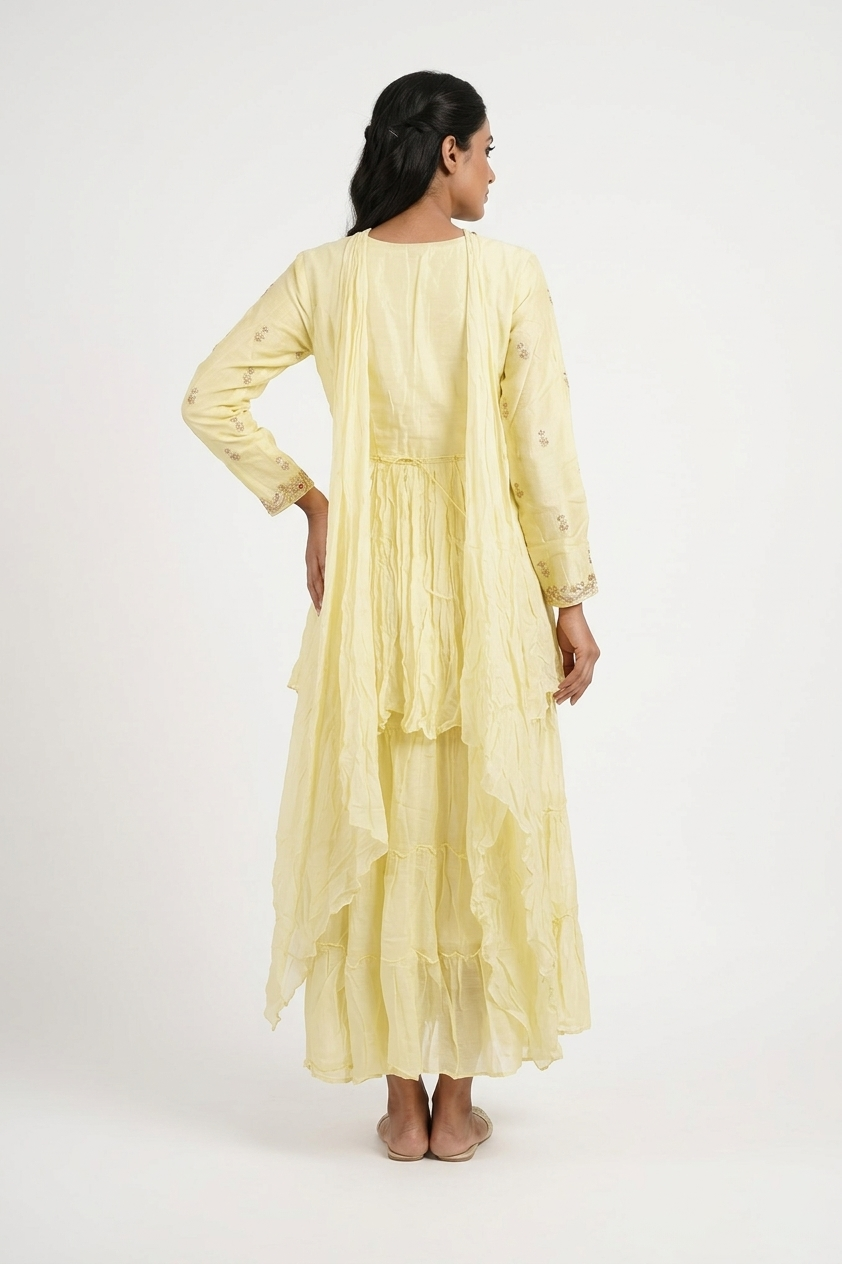 Butter Yellow Embroidered Kurta Set With Sharara