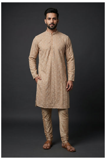 Beige Embroidered Men'S Kurta Set