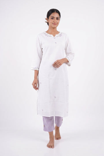 White & Lavender Embroidered Straight Kurta Pant Set