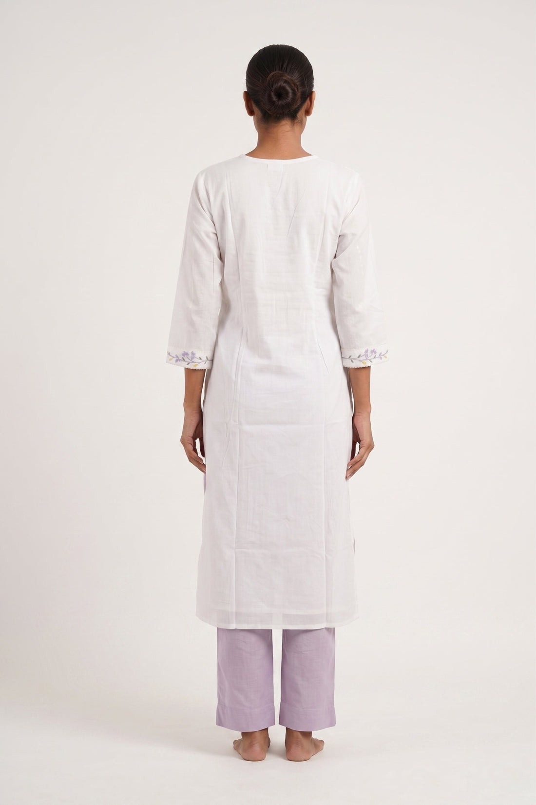 White & Lavender Embroidered Straight Kurta Pant Set