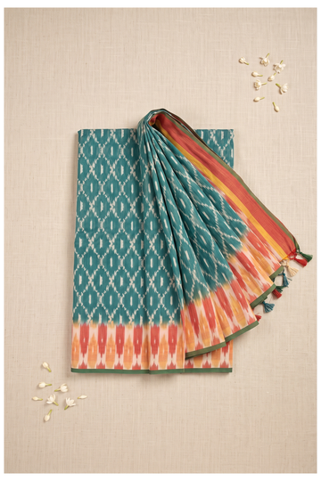 Teal Printed Cotton Wedding And Party Wear Saree