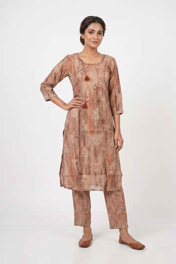 Dusty Mocha Printed Kurta Pant Set