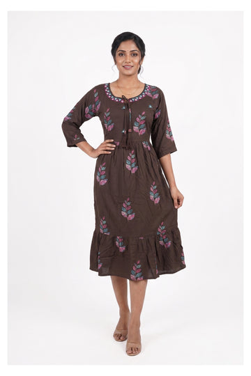 Chocolate Brown Printed Flared Midi Dress