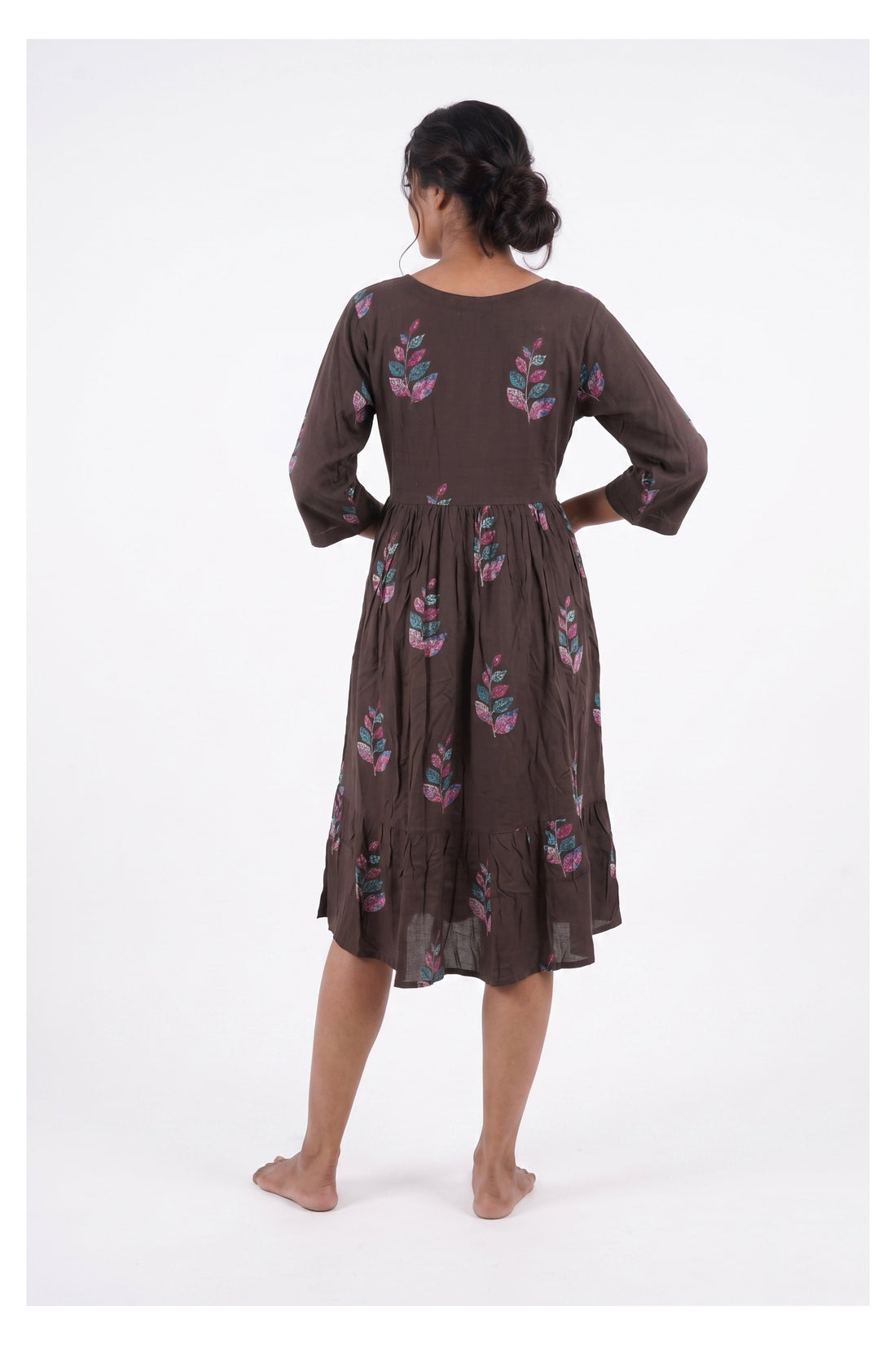 Chocolate Brown Printed Flared Midi Dress
