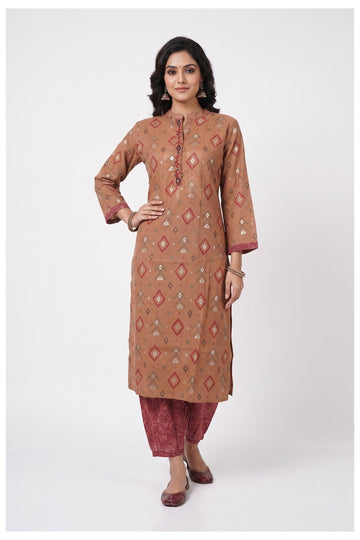 Elegant Brown Printed Straight Kurta Set