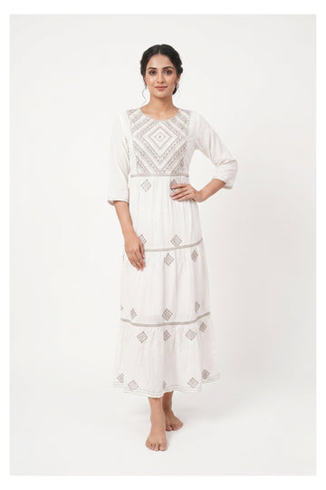 Elegant White Embroidered Tiered Maxi Dress