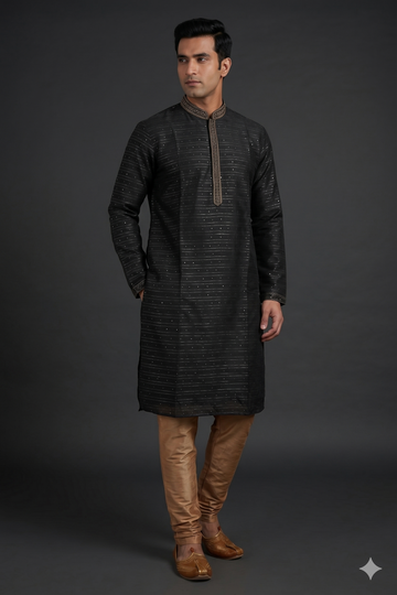Classic Black Embroidered Premium Kurta For Men