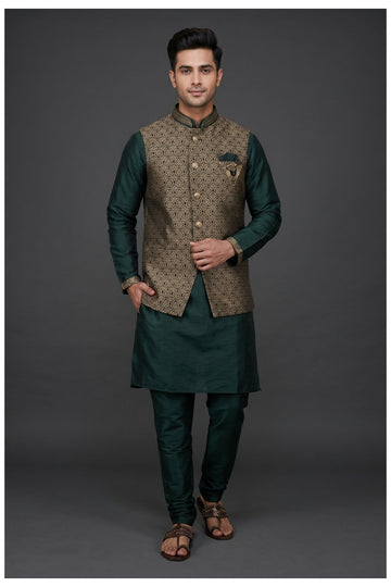 Emerald Green Koti Kurta Set With Brocade Jacket