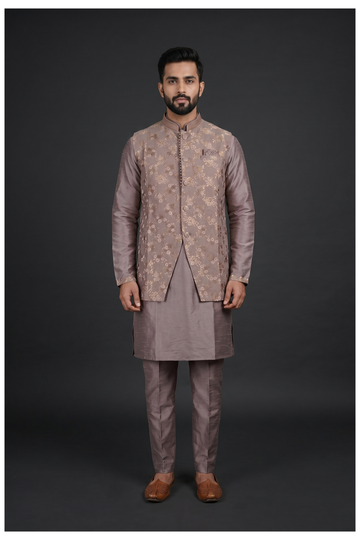 Men'S Floral Brocade Koti Kurta Set