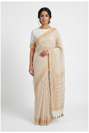 Ivory Banarasi Pure Silk Wedding Saree