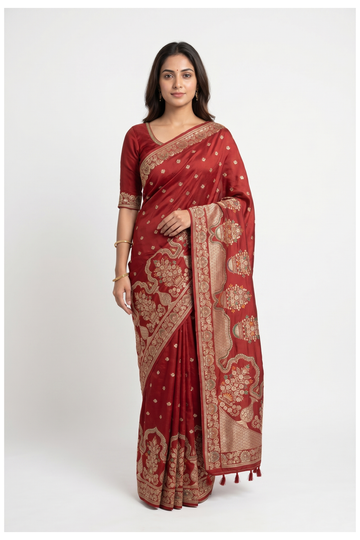 Rust Banarasi Art Silk Wedding And Party Wear Saree