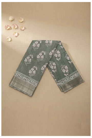 Olive Green Printed Cotton Wedding And Party Wear Saree