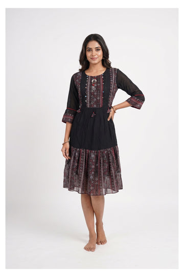 Midnight Black Ethnic Fusion Tiered Dress