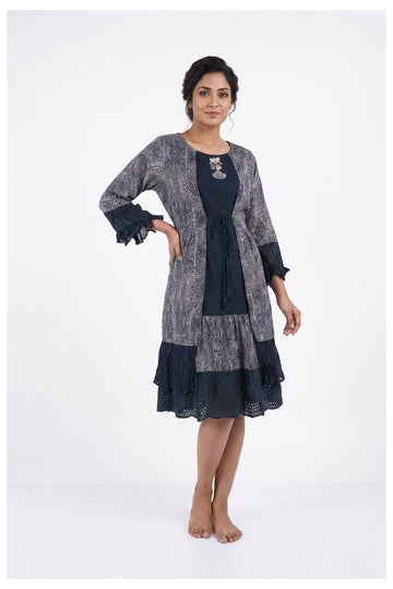 Navy Blue Printed Indo-Western Layered Dress