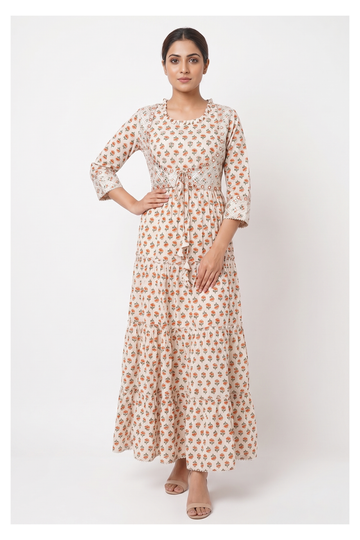 Ivory Floral Printed Tiered Maxi Dress