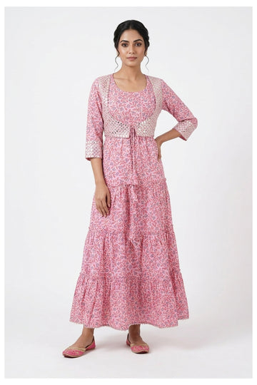 Blush Pink Printed Tiered Maxi Dress With Mirror Work Jacket