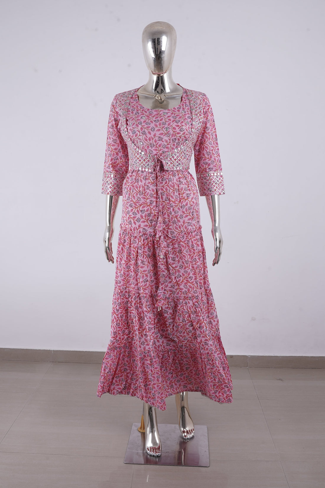 Blush Pink Printed Tiered Maxi Dress With Mirror Work Jacket