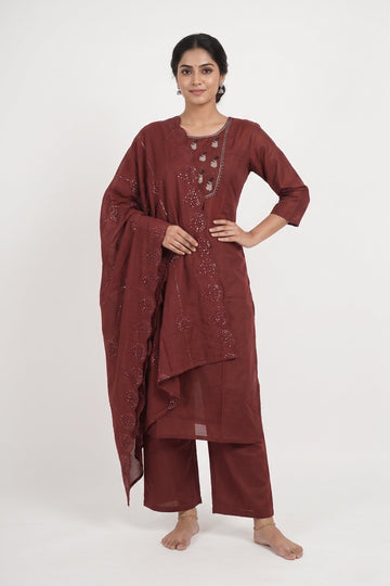 Rust Wine Embroidered Kurta Palazzo Set With Dupatta