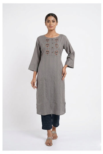 Elegant Grey Embroidered Straight Kurta Set