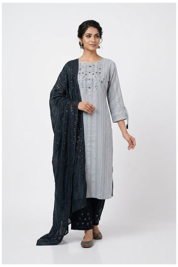 Pearl Grey Embroidered Kurta Palazzo Set With Sequin Dupatta