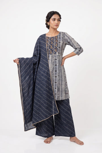Indigo Ethnic Printed Kurta Palazzo Dupatta Set