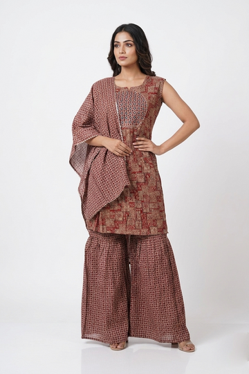 Rust Brown Printed Indo-Western Palazzo Set With Drape Dupatta