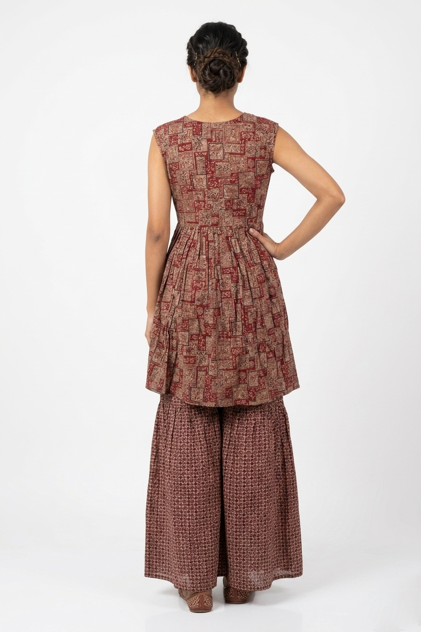 Rust Brown Printed Indo-Western Palazzo Set With Drape Dupatta