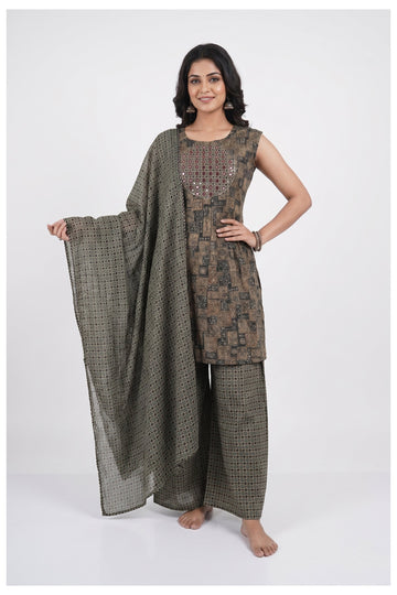 Elegant Brown Printed Sleeveless Kurta Set