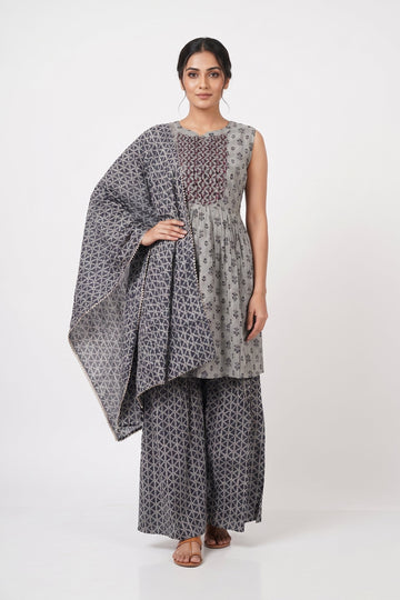 Slate Grey Printed Peplum Kurta Palazzo Set With Dupatta