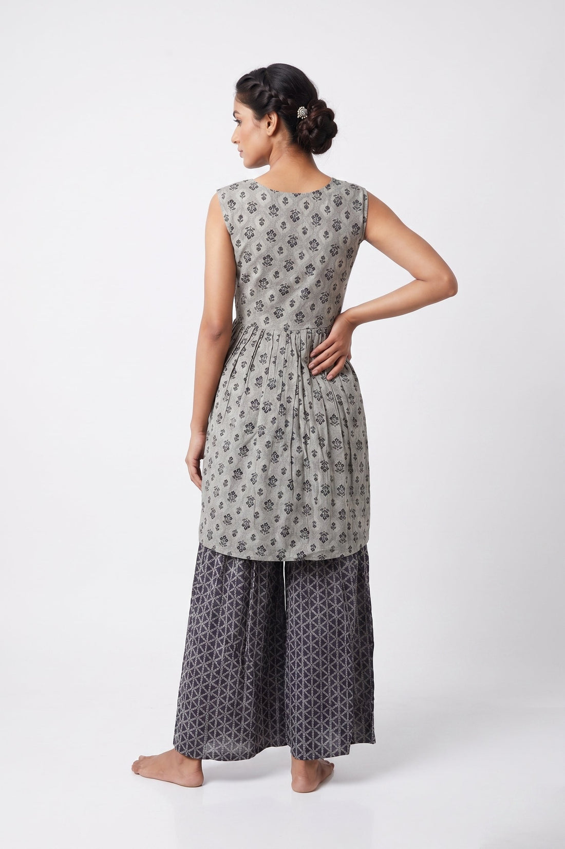 Slate Grey Printed Peplum Kurta Palazzo Set With Dupatta