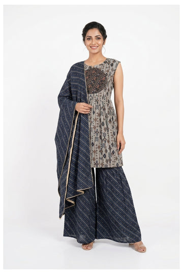 Indigo Printed Indo-Western Palazzo Set With Dupatta