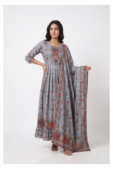 Elegant Grey Printed Flared Indo-Western Gown Set