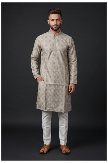 Silver Grey Woven Motif Kurta Set