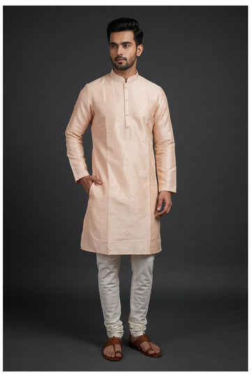 Peach Embellished Men'S Kurta