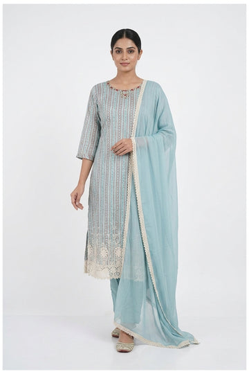 Elegant Sky Blue Printed Kurta Set With Dupatta