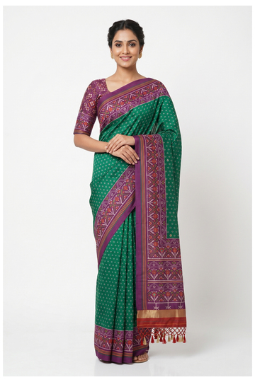 Emerald Green Printed Patola Saree With Handwork
